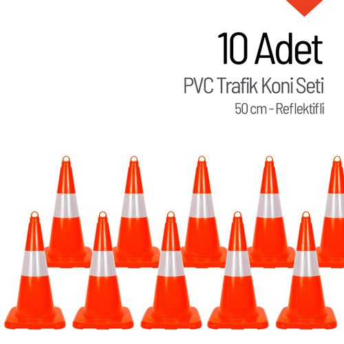 10 Adet PVC Trafik Konisi 50 cm Reflektifli Trafik Dubası - Kampanya ÜrünüTrafik Konisi PVC 50 cm